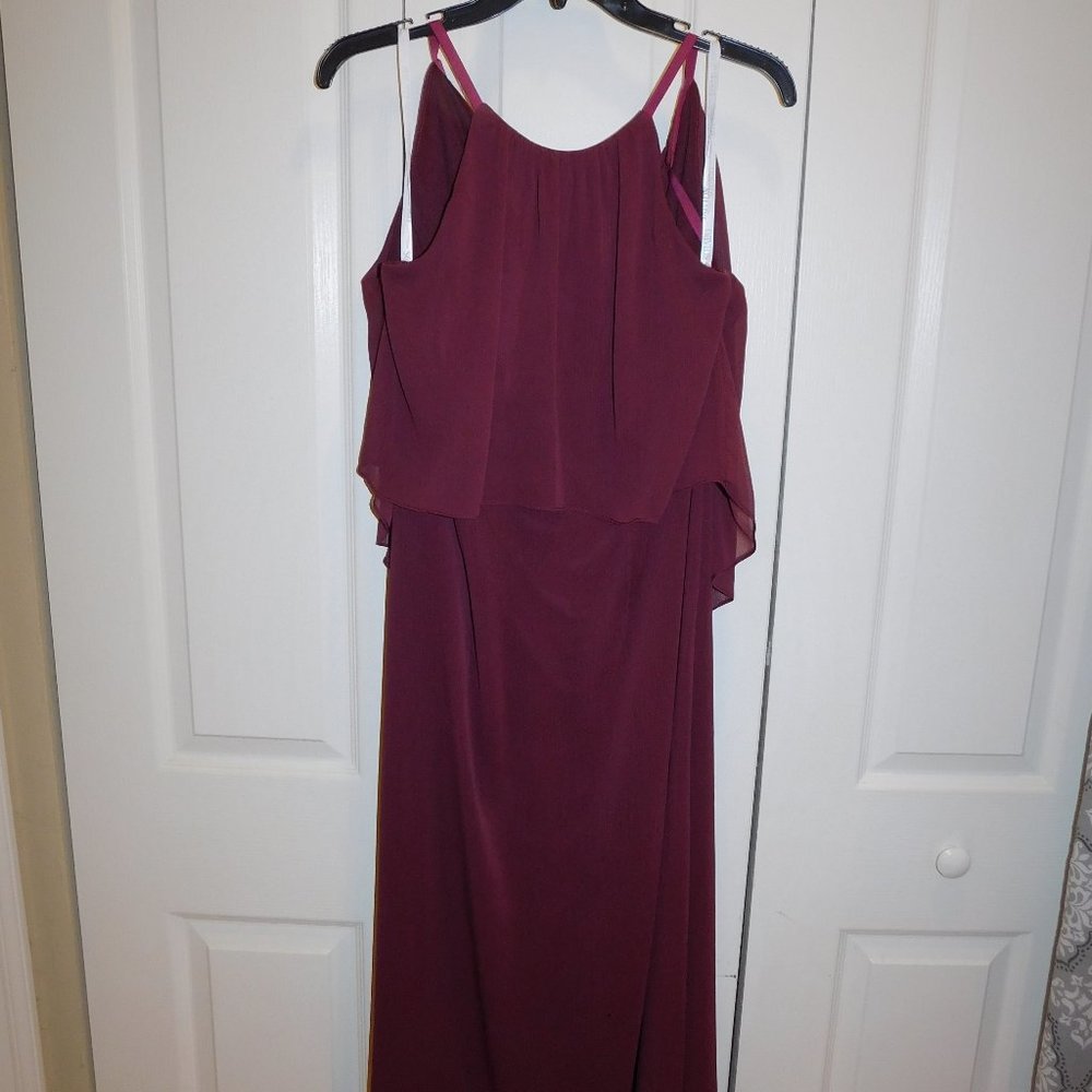 David Bridal High Neck Flounce Top Crinkle Chiffon Dress Wine